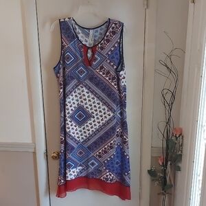 PerSeption Woman Red White Blue Floral Geometric Midi Dress Sz 1X